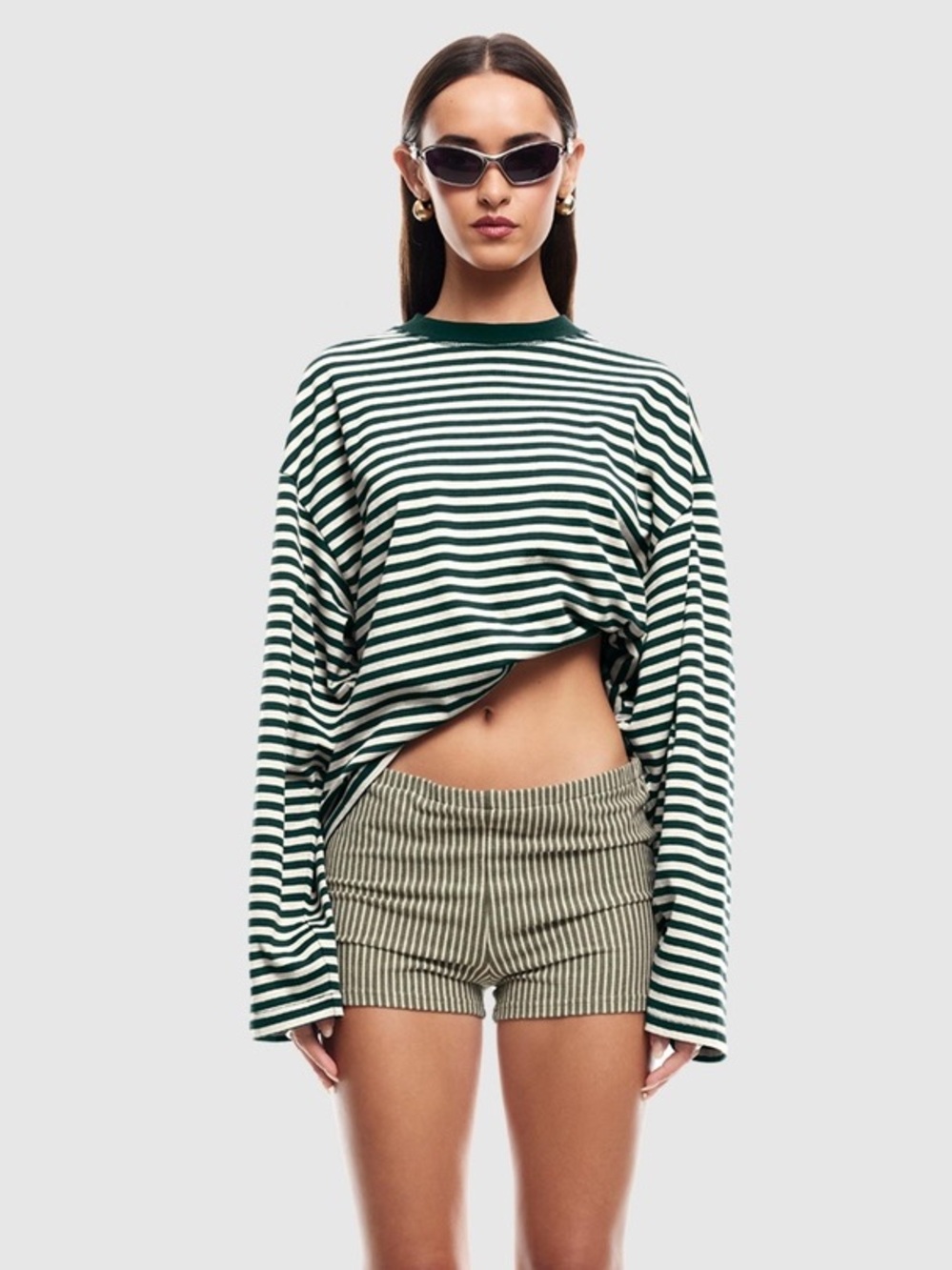 Lioness Bloom Striped Long-Sleeve Tee in Green and White